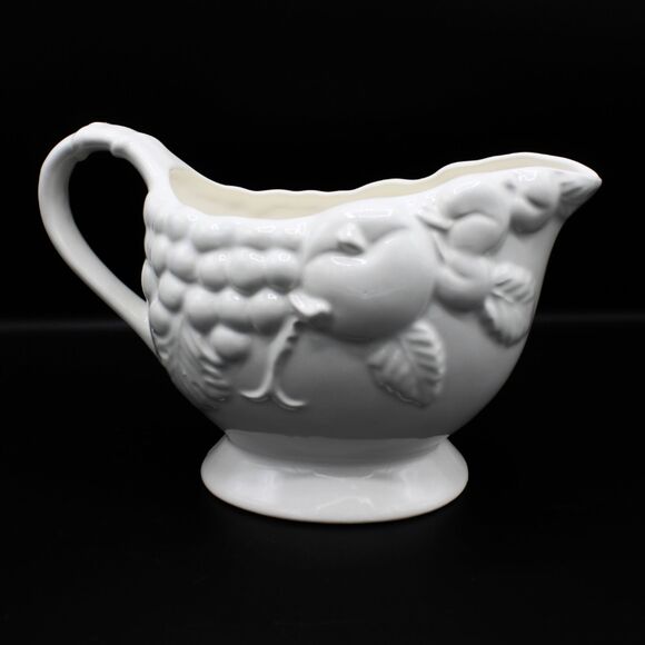 Vintage White Ceramic Gravy Boat Embossed Fruit Design Signature SIG Japan 24 oz - Picture 1 of 8